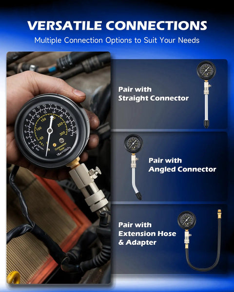 8-Piece Gas Engine Cylinder Pressure Test Kit With 300 PSI Dual Gauge, All-In-One Compression Tester Set For Cars And Small Engines, Includes Adapters, Connectors, And Flexible Extension Hose, with straight and angled connectors