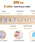 Image of Self Adhesive Noise Dampening Bumper Pads 272 Pcs In Five Sizes showing square, hemisphere, and cylindrical shapes on wood