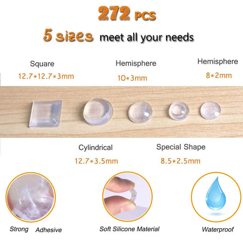 Image of Self Adhesive Noise Dampening Bumper Pads 272 Pcs In Five Sizes showing square, hemisphere, and cylindrical shapes on wood