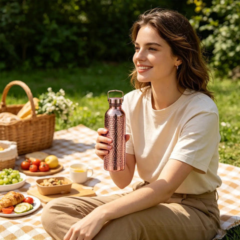Person holding Copper Water Bottle 800ml Insulated Travel Cup With Anti Slip Grip during picnic