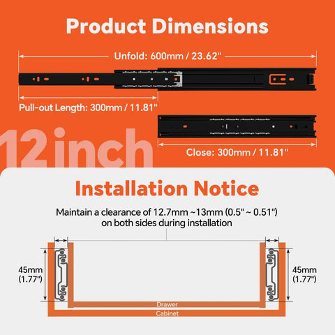 Heavy Duty Black Side Mount Drawer Slides Featuring Full Extension With Smooth As Butter Gliding Action No Sweat Install For Kitchen Cabinets And Furniture Upgrades That Hit The Spot dimensions and installation notice.