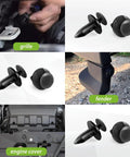 Close-up of 8mm Hole Nylon Bumper Retainer Clips 100 Pack Push Type for Toyota GM Ford vehicles used on grille and fender.