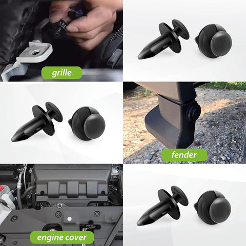 Close-up of 8mm Hole Nylon Bumper Retainer Clips 100 Pack Push Type for Toyota GM Ford vehicles used on grille and fender.