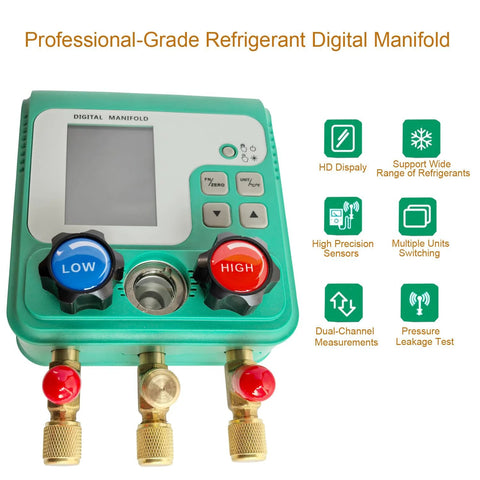 Front view of Vanlison digital HVAC manifold gauge set in teal with blue LOW and red HIGH knobs and brass fittings