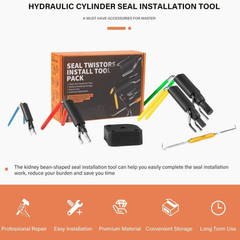 Pro Grade Hydraulic Cylinder Seal Kit with installation tools including rod seal tool and U-Cup Twistor in four sizes.
