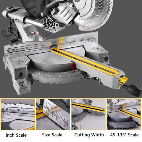 Professional Sliding Miter Saw Built Different For Smooth Panel Cuts And Rock Solid 1800 Watt Power For Cutting Wood Steel Aluminum At Precise Adjustable Angles Up To One Hundred Thirty Degrees with scales and adjustable settings