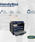 HandyBox Toolbox Storage And Carrying System With Four Adjustable Grid Compartments For Nuts Bolts Screws And Small Parts Durable Polypropylene Plastic Organizer Freestanding Or Wall Mountable And Stackable