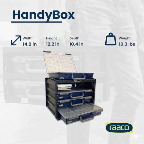 HandyBox Toolbox Storage And Carrying System With Four Adjustable Grid Compartments For Nuts Bolts Screws And Small Parts Durable Polypropylene Plastic Organizer Freestanding Or Wall Mountable And Stackable