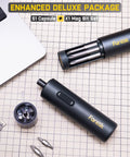 Sleek Pocket Capsule Cordless Electric Screwdriver Kit With Deluxe Extra Bit Holder And Storage Pouch laid out on grid paper.