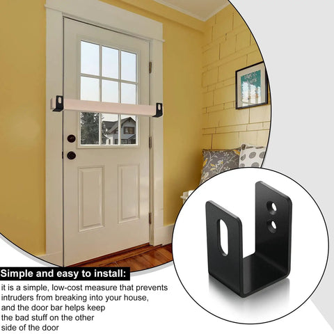 Heavy Duty U Shaped Door Barricade Bracket For 2x4 Openings installed on white door with black finish in home setting