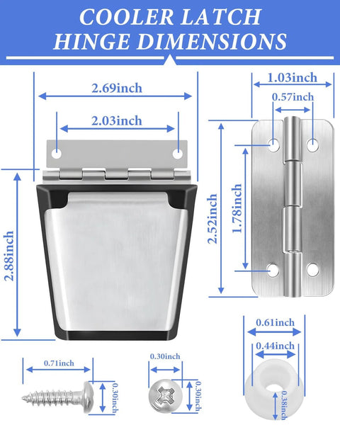 Cooler Hinges And Latch Replacement Kit For Igloo Coolers dimensions with stainless steel hinges, latches, screws, and measurements.