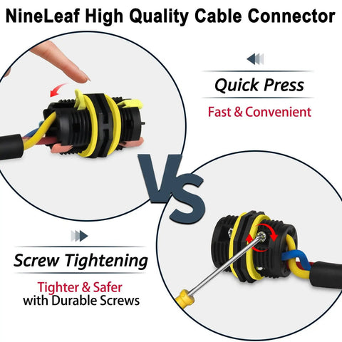 Comparison of quick press and screw tightening for Tool-Free Press-In Outdoor Junction Box Kit with 3 Pin Connectors, IP68 Waterproof.