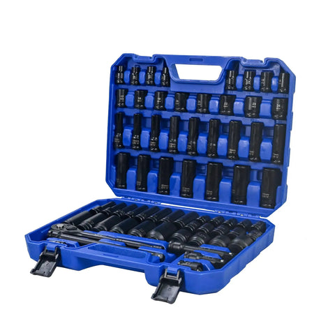 66 Piece Pneumatic Tool And Accessory Kit With Universal Long And Short Sockets Extension Rods in black and blue case