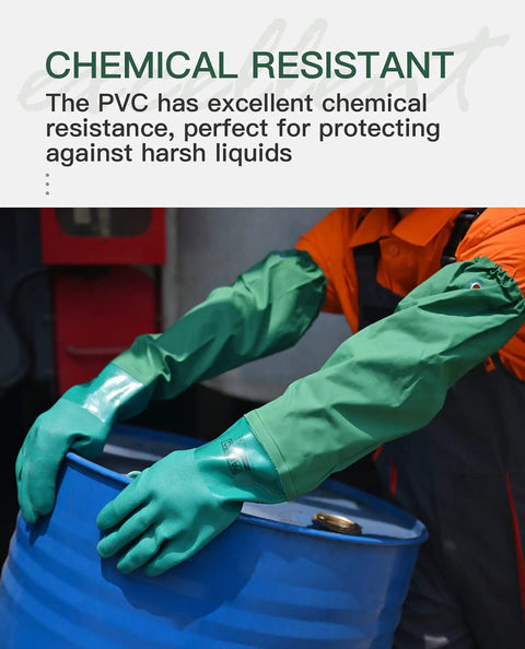 Top Shelf Pvc Chemical Resistant Work Gloves Waterproof Reusable Heavy Duty Grip on blue barrel during industrial task.