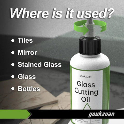 Image of Youkzun Glass Cutting Oil bottle with precision applicator, 4 ounces for smooth cutter performance on multiple surfaces.