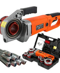 Dead Serious Pro Grade Electric Pipe Threader 2300W Copper Motor, ratchet kit with six dies, threaded pipes and carrying case.