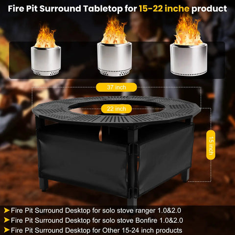 37 Inch Fire Pit Surround Tabletop For Solo Stove Bonfire Ranger 2.0 With Circular Safety Barrier And Heat Insulation Base displayed outdoors.