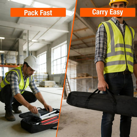 Worker using 12 Foot Telescoping Laser Level Pole with Tripod for Quick Setup and Precise Height Adjustment, black carrying case.