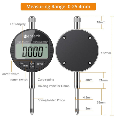 Neoteck digital dial indicator gauge with magnetic base and storage case, 0–25.4mm range, black