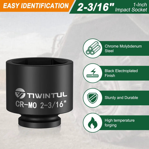 Heavy Duty Beefy 2 3/16 Inch Deep Six Point Impact Socket With One Inch Drive For Semi Truck Axles And Flange Nuts showcasing black electroplated finish.