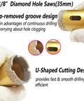 Close-up of 35mm Dry And Wet Vacuum Brazed Diamond Hole Saw, groove design, held with gloved hand, for angle grinder drilling
