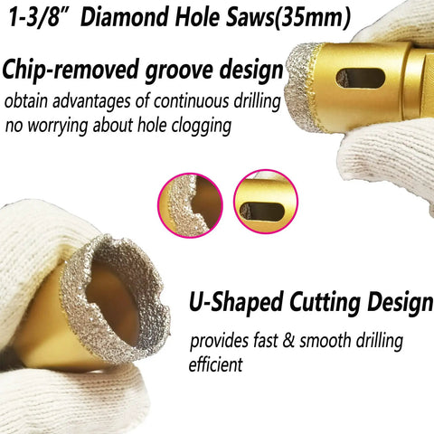 Close-up of 35mm Dry And Wet Vacuum Brazed Diamond Hole Saw, groove design, held with gloved hand, for angle grinder drilling