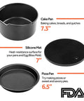 Image of Six Piece Air Fryer Accessory Set For 3.7 Qt And Larger Ovens Including Cake Pan, Pizza Pan, and Silicone Mat, nonstick, black.