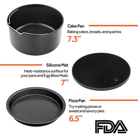 Image of Six Piece Air Fryer Accessory Set For 3.7 Qt And Larger Ovens Including Cake Pan, Pizza Pan, and Silicone Mat, nonstick, black.