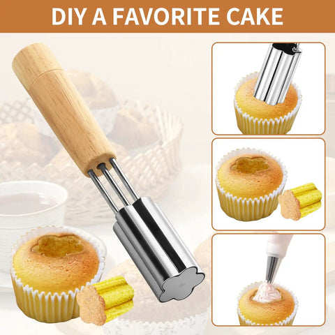 Crisp Flower Tip Cupcake Corer With Heavy Duty Plunger Handle For Carving Perfect Centers In Muffins And Cake Rounds with wooden handle.