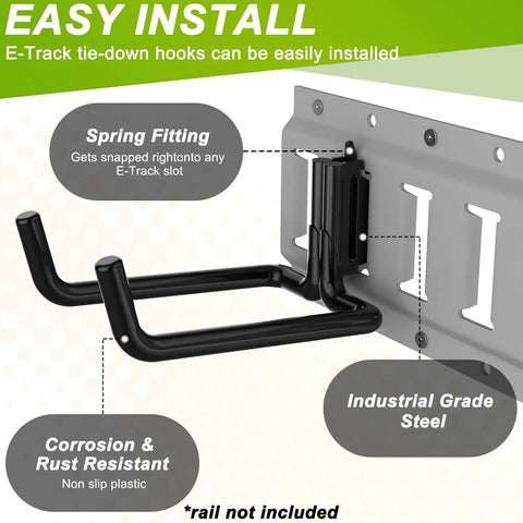 2 Pack E Track J Hooks Heavy Duty Steel E Track Double Hooks For E Track Systems installed on rail, side view