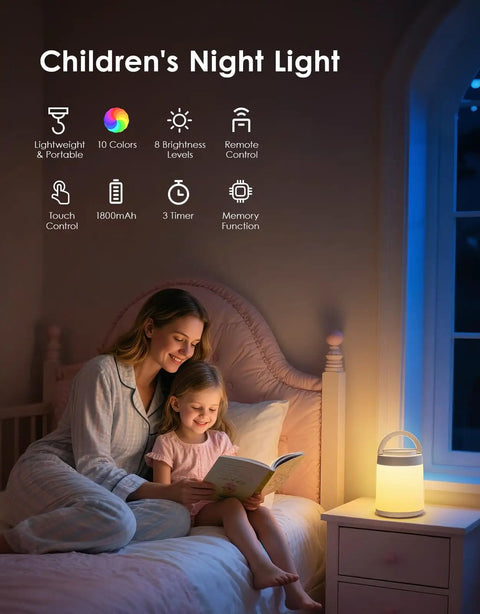 Mother and daughter reading by Colorful Baby Night Light for Nursery and Kids Room with 10 Colors and 8 Dimmable Levels.