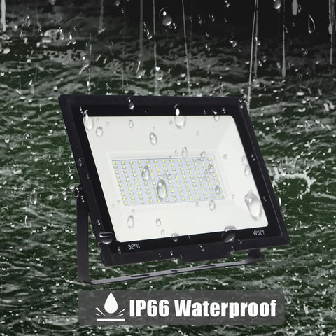 150W Outdoor LED Flood Light With Plug, Ultra Bright Up To 18000lm, IP66 Waterproof Die Cast Aluminum in rain