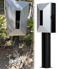 Heavy Duty Outdoor EV Charger Pedestal in galvanized steel, showcasing keypad lock and cable management stand outdoors.