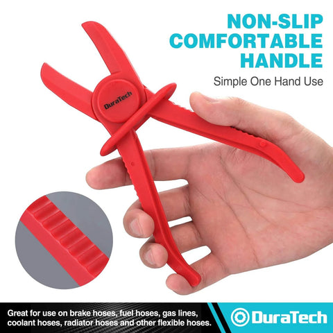 6 Piece Hose Clamp Set With Pinch Clamp Pliers in hand showing red PA6 nylon clamp with non-slip handle.