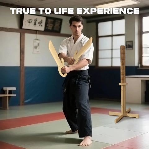 Practitioner with Natural Hardwood Wing Chun Butterfly Swords Set For Kung Fu Training in a dojo, ready for drills.