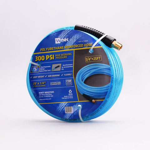 Quarter Inch Reinforced Polyurethane Air Hose With Brass MNPT End Fittings 25 Feet 300 PSI Heavy Duty in packaging