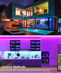 100Ft RGB LED Strip Lights Kit With 2 Rolls Of 50Ft illuminating modern home and kitchen with smart app and remote controls visible