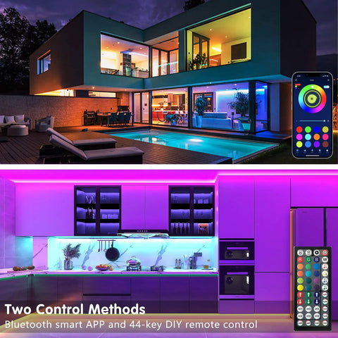100Ft RGB LED Strip Lights Kit With 2 Rolls Of 50Ft illuminating modern home and kitchen with smart app and remote controls visible