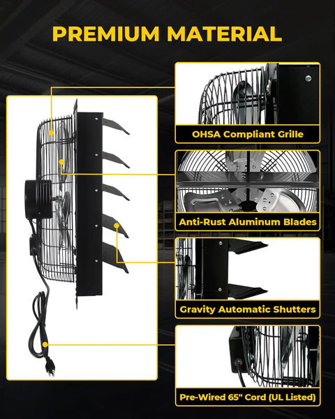 Side view of 20 inch shutter exhaust fan wall mounted 3500 CFM with pre installed power cord featuring aluminum blades and shutters