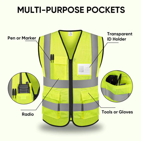 High Visibility Reflective Safety Vest Class II Mesh Unisex Fit Breathable Yellow Vest With Zipper Velcro Pockets ANSI Certified