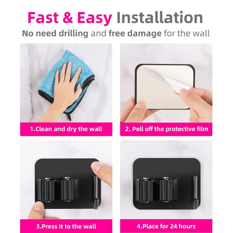 Installation steps for 4 Pack Anti Slip Broom Holder Wall Mount Set With Gripper And Hook Space Saving Stainless Steel Black Damage Free No Drill Easy Organizer For Brooms Mops Rakes And Garden Tools.