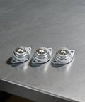 Three Heavy Duty Galvanized Steel Ball Wheel Casters delivering rock solid sixty six pound capacity with smooth 360 degree flex swivel action.