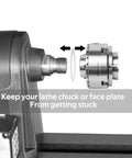 Pack Of Six Slick Anti Lock Spindle Washers Tailored For 1-1/4 Inch Woodlathe Threads in use, preventing chuck seizure.