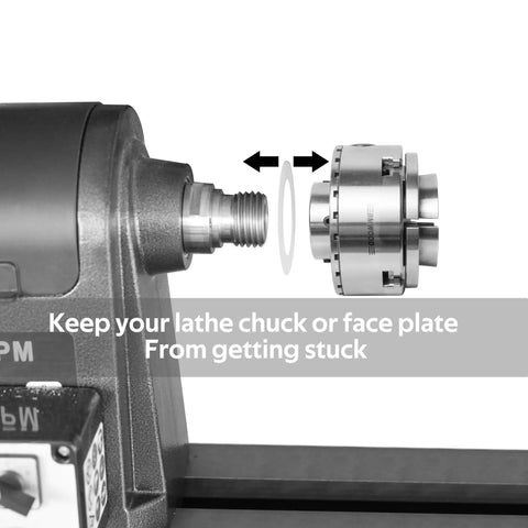 Pack Of Six Slick Anti Lock Spindle Washers Tailored For 1-1/4 Inch Woodlathe Threads in use, preventing chuck seizure.