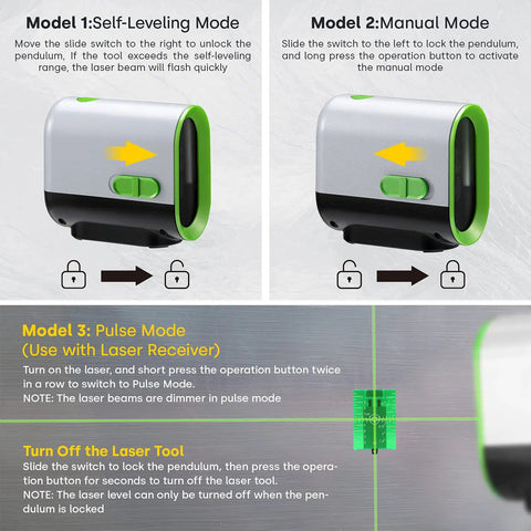 Green Laser Level With Self Leveling And Manual Mode demonstrating self-leveling, manual mode, and pulse mode operations.