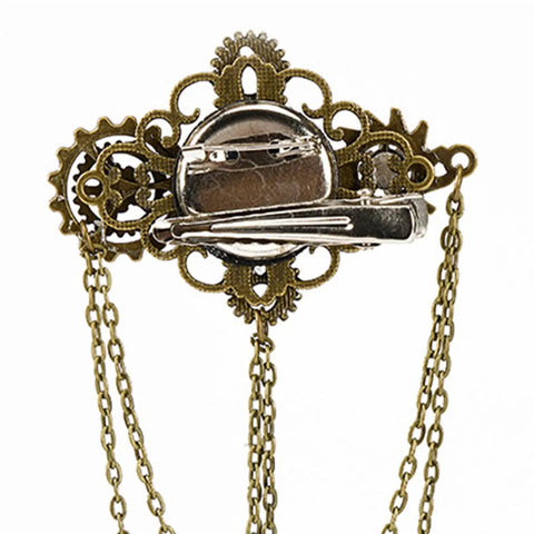 Get That Giddy Up With This Antique Gold Convertible Mechanical Gear Hair Jewelry Pin with intricate detailing and chains.