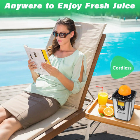Woman relaxing by poolside using Pramedia Cordless Electric Citrus Juicer 60W Stainless Steel for fresh juice.