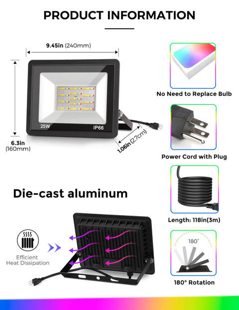 Outdoor Plug In Flood Light 50W Dusk To Dawn With IP66 Waterproof 2200lm Daylight White 6000K UL Listed details