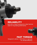 Side view of One Inch Air Impact Wrench With Pistol Grip, Delivers Up To 1475 Ft Lbs Max Torque, Heavy Duty Build With Metal Housing For Durability.