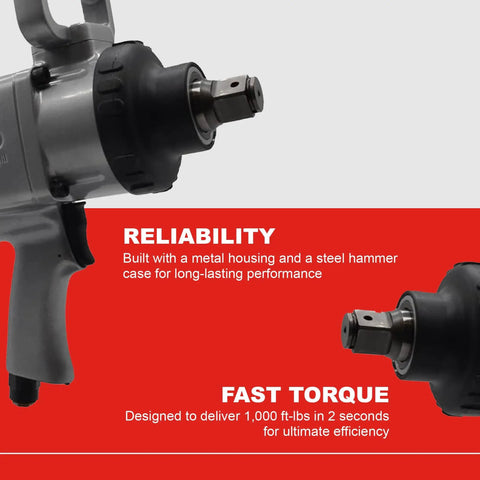 Side view of One Inch Air Impact Wrench With Pistol Grip, Delivers Up To 1475 Ft Lbs Max Torque, Heavy Duty Build With Metal Housing For Durability.